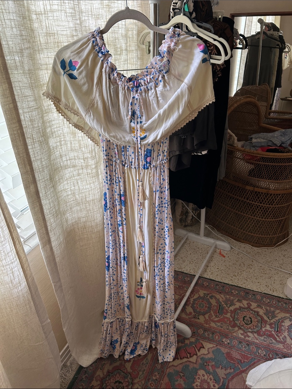 Boho Floral Maxi Fillyboo Dreamfilled Dress in Cream Blue & Pink Accents